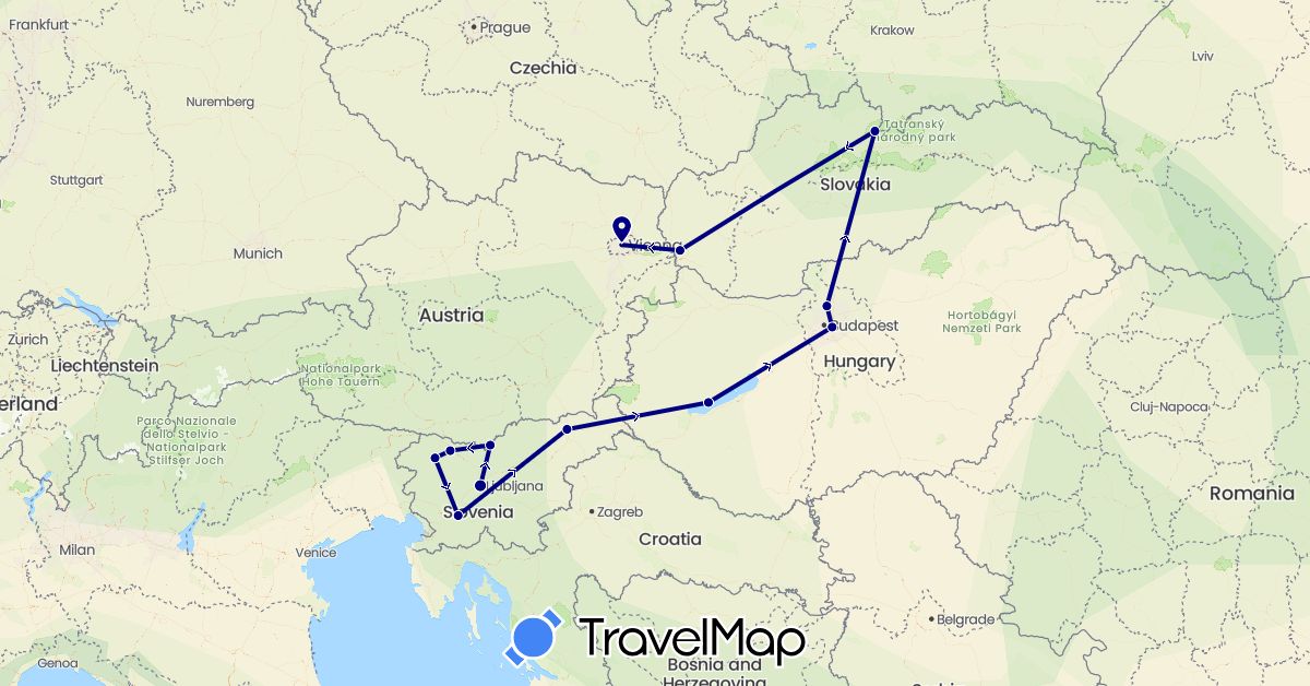TravelMap itinerary: driving in Austria, Hungary, Slovenia, Slovakia (Europe)